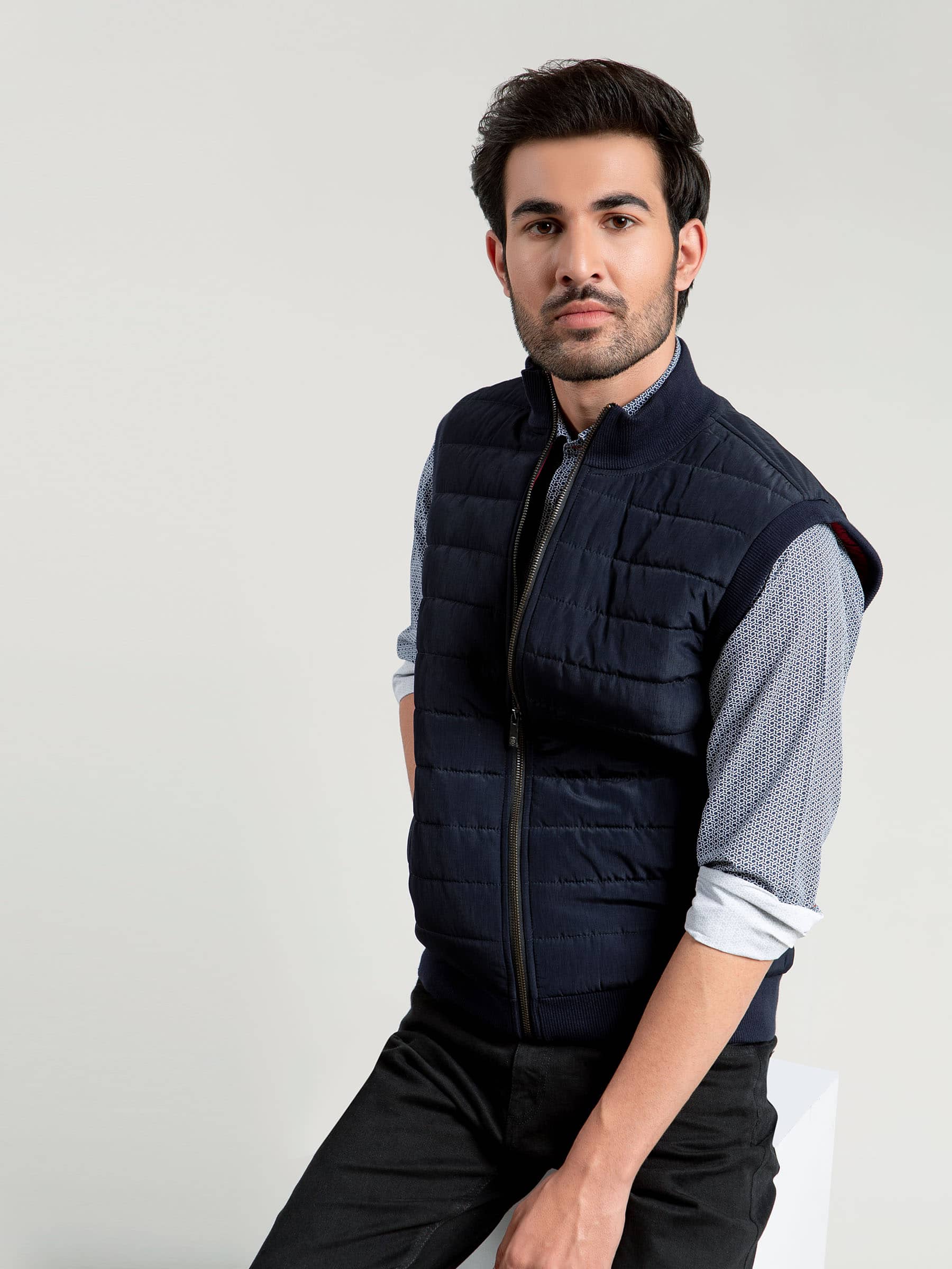 Navy Blue Ribbed Sleeveless Jacket