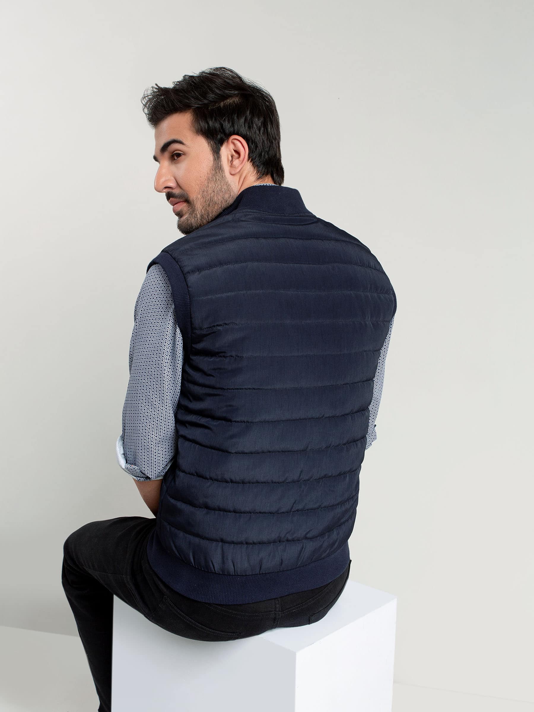 Navy Blue Ribbed Sleeveless Jacket
