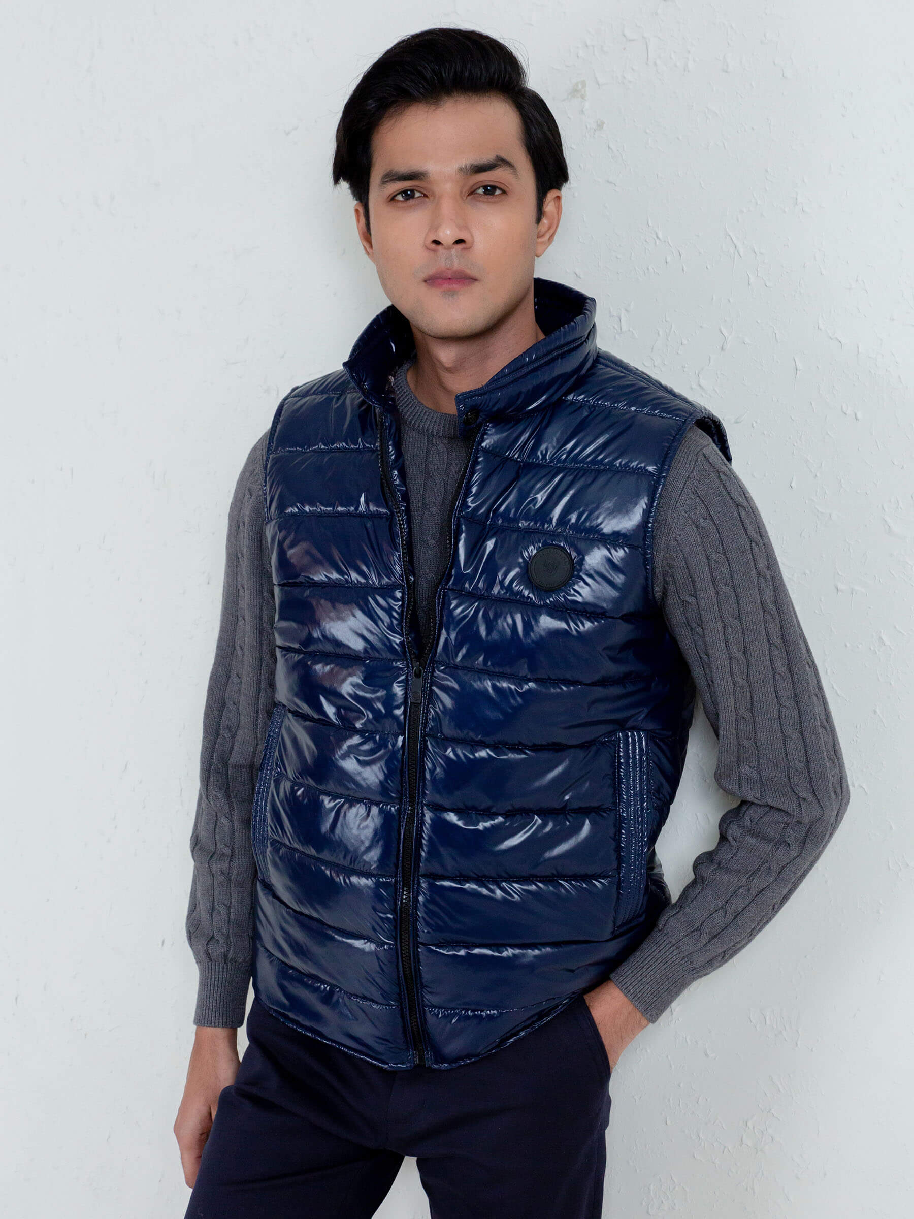 Navy Blue Shiny Puffer Sleeveless Vest