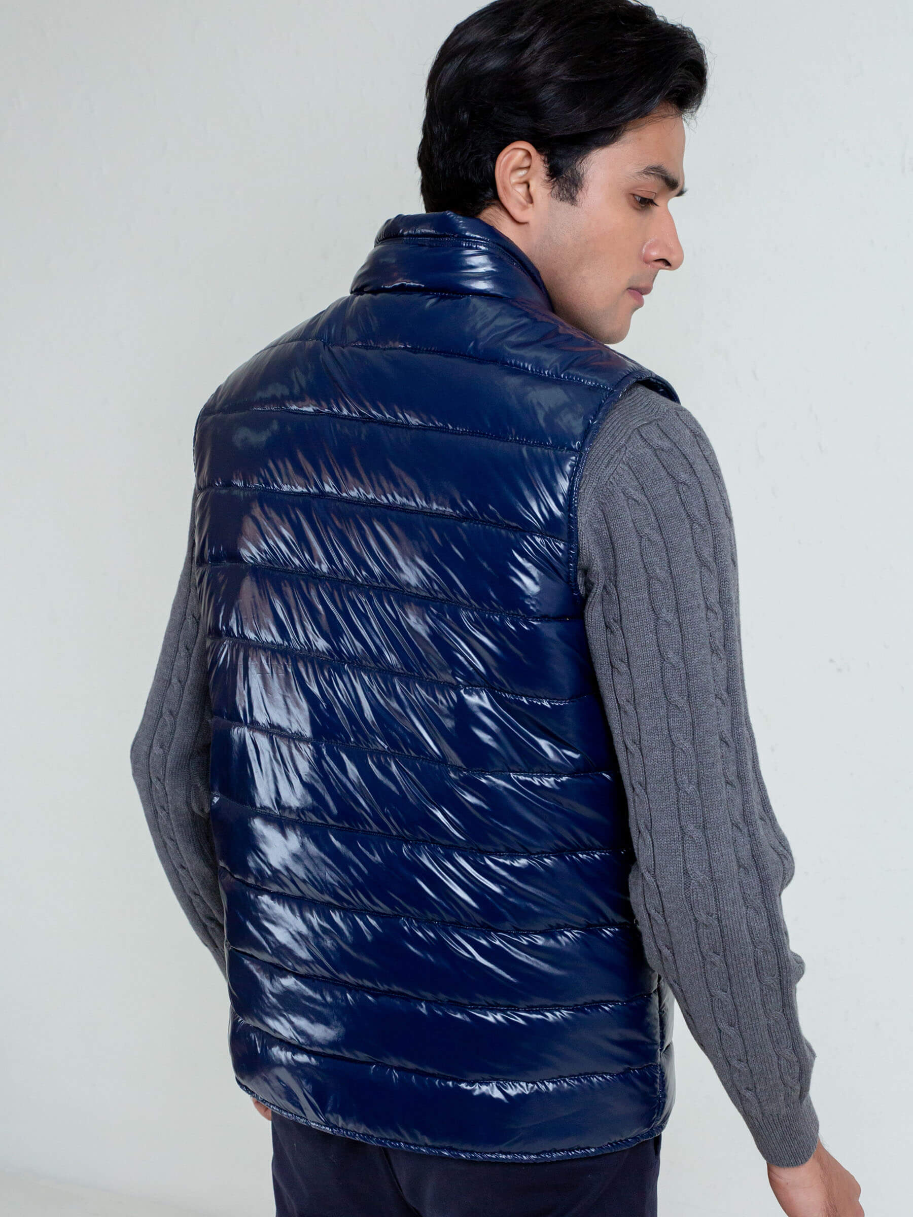 Navy Blue Shiny Puffer Sleeveless Vest
