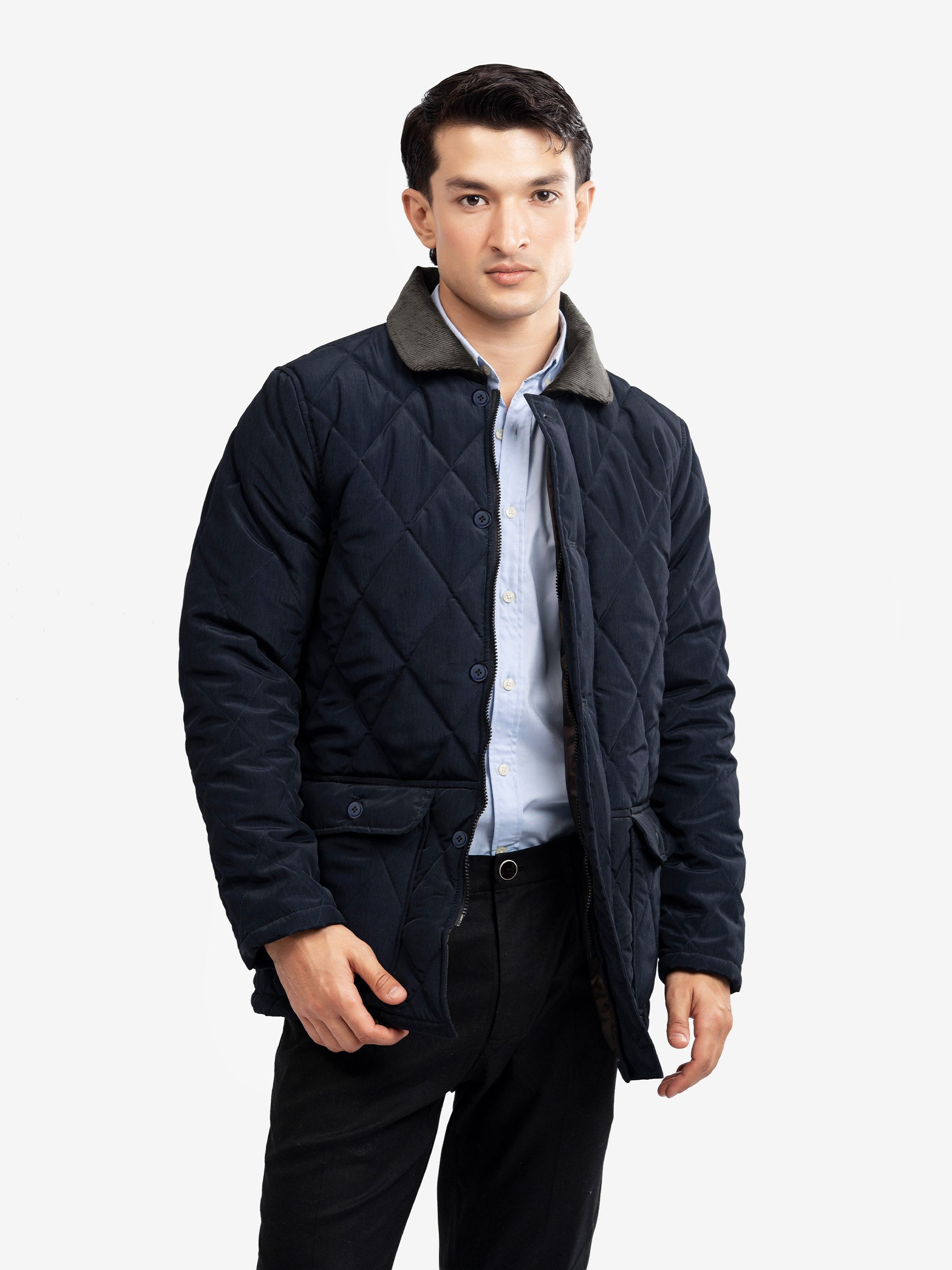 Navy Blue Sportsquilt Long Jacket With Corduroy Collar