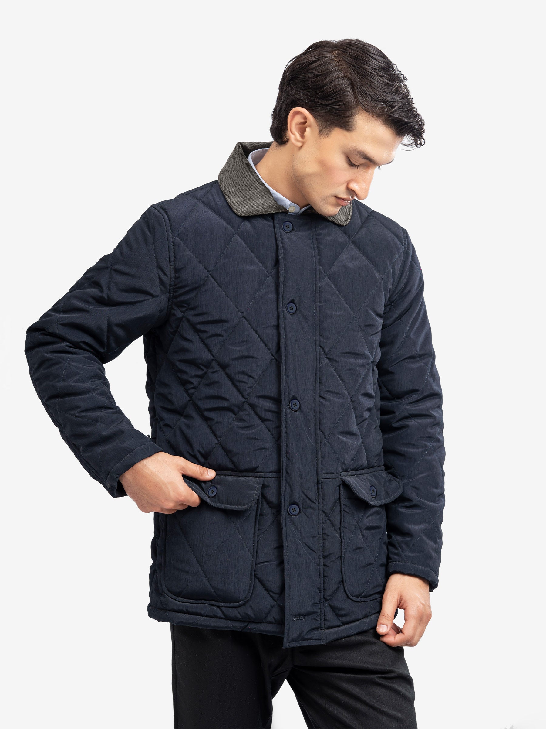Navy Blue Sportsquilt Long Jacket With Corduroy Collar