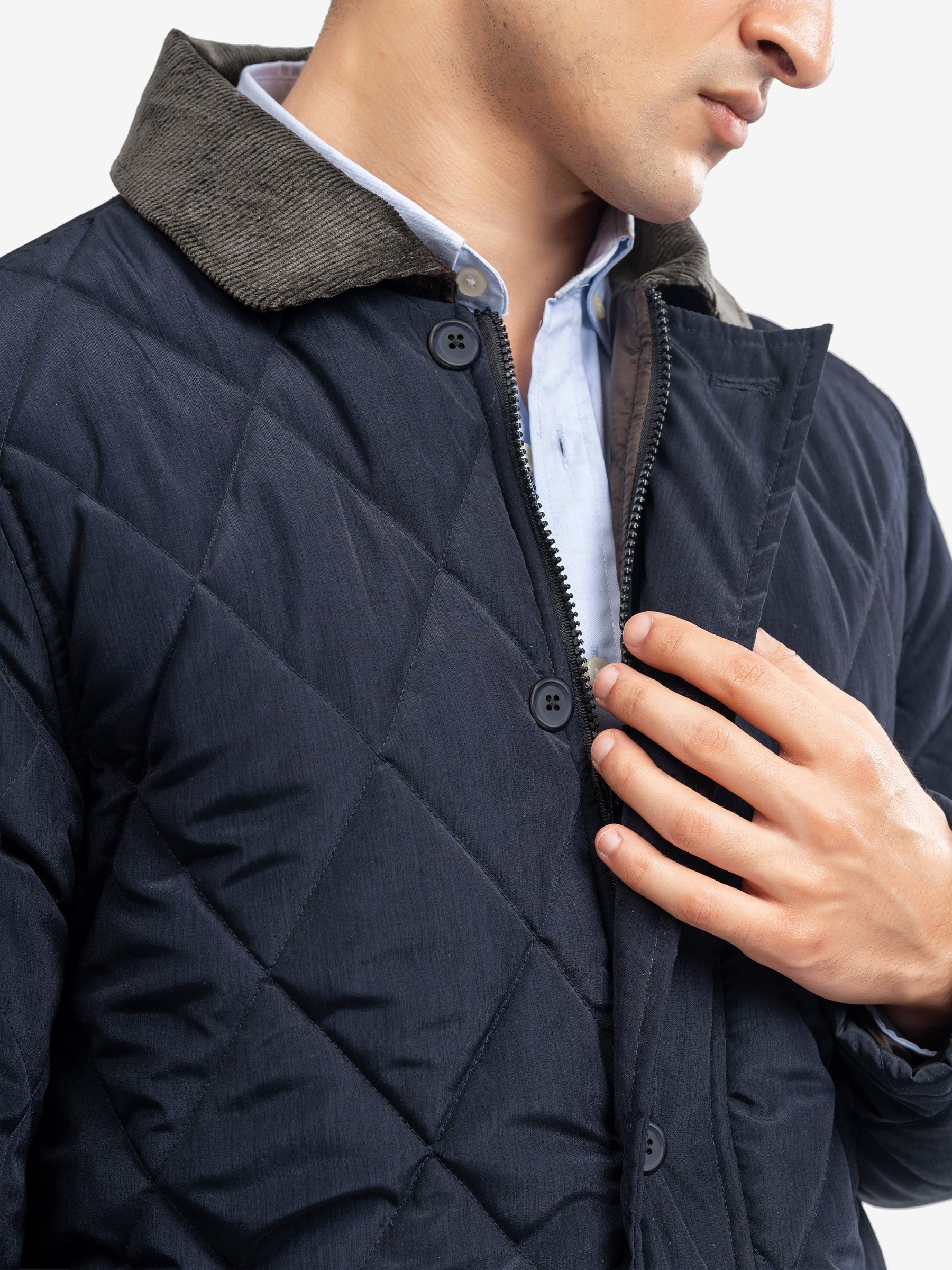 Navy Blue Sportsquilt Long Jacket With Corduroy Collar