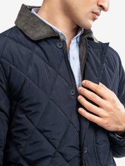 Navy Blue Sportsquilt Long Jacket With Corduroy Collar
