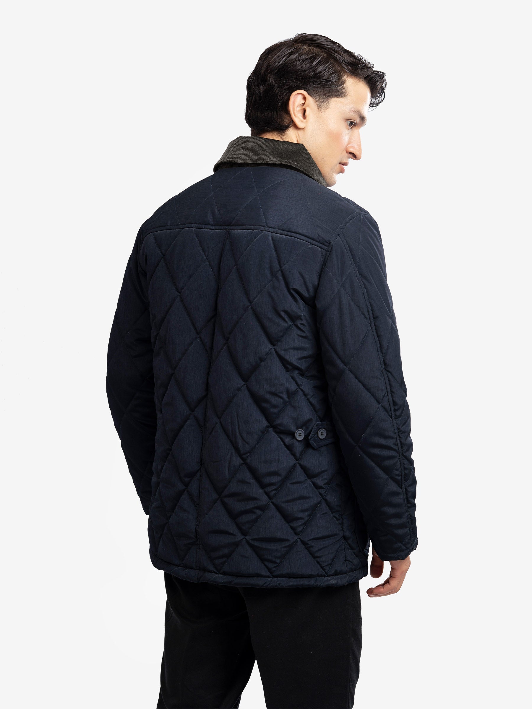 Navy Blue Sportsquilt Long Jacket With Corduroy Collar