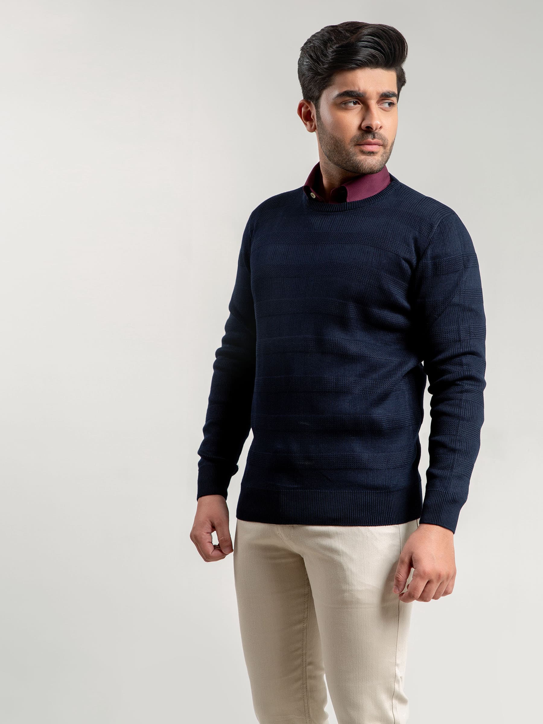 Navy Blue Textured Crew Neck Sweater