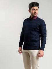 Navy Blue Textured Crew Neck Sweater