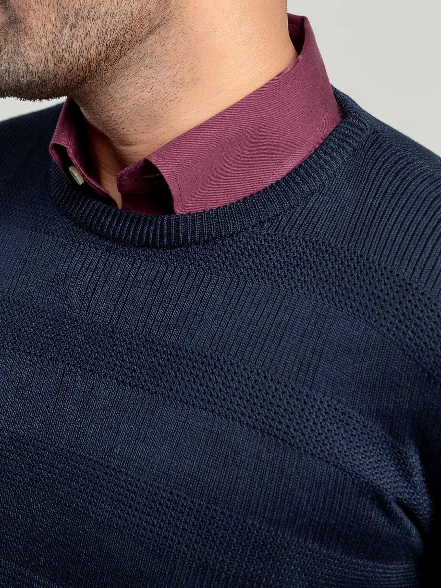 Navy Blue Textured Crew Neck Sweater