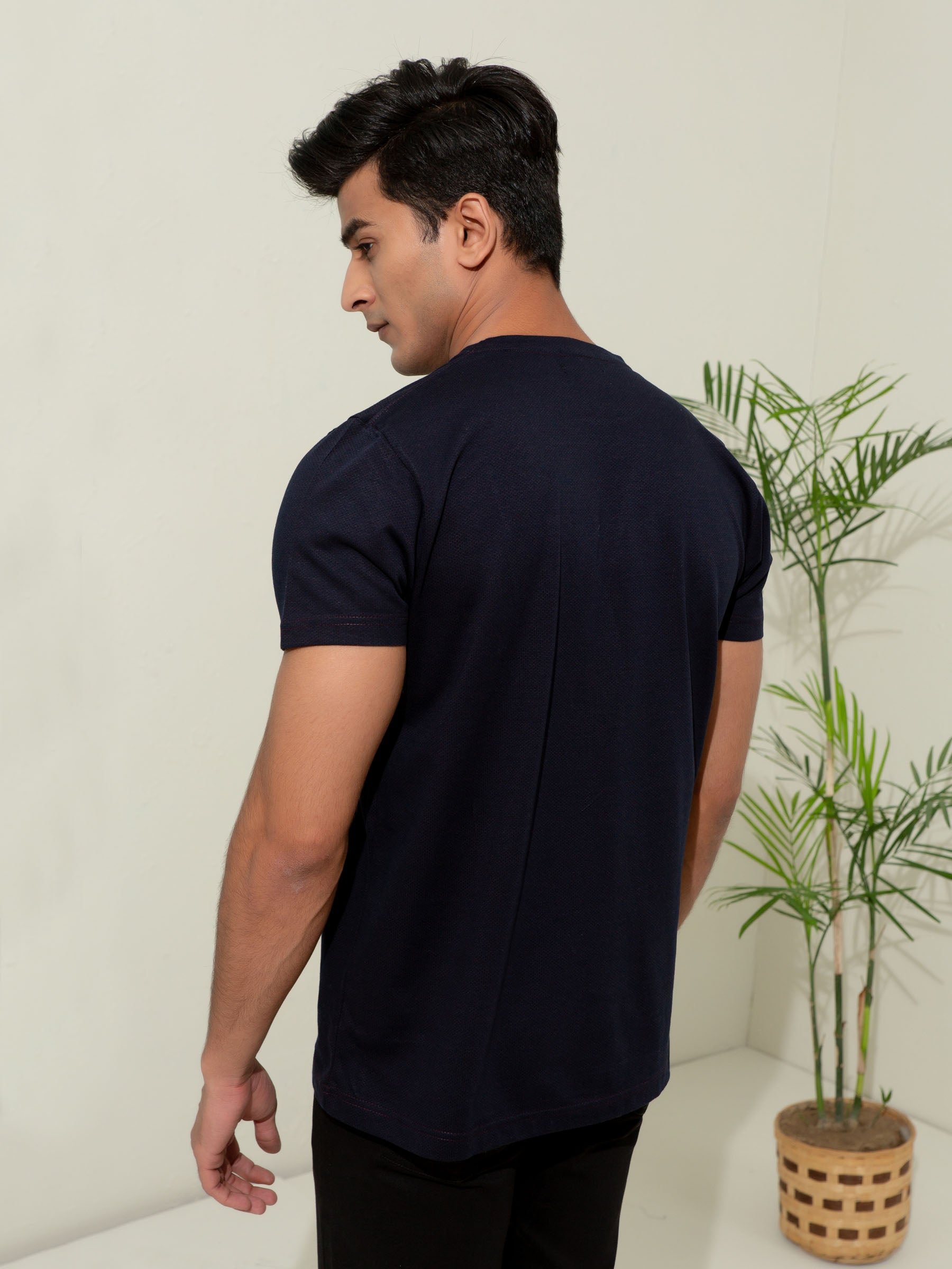 Navy Blue Textured Mercerized T-Shirt