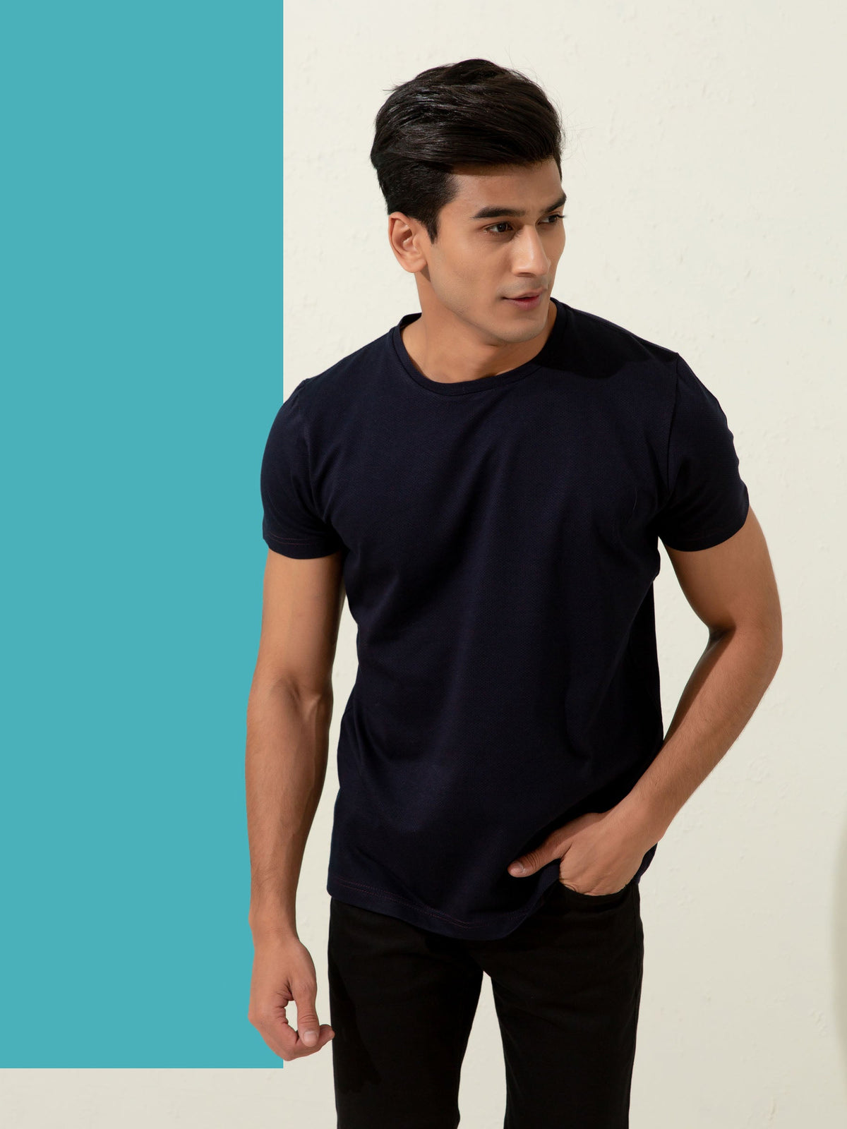 Navy Blue Textured Mercerized T-Shirt