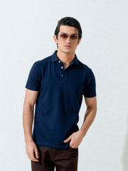 Navy Blue Textured Polo With Classic Collar