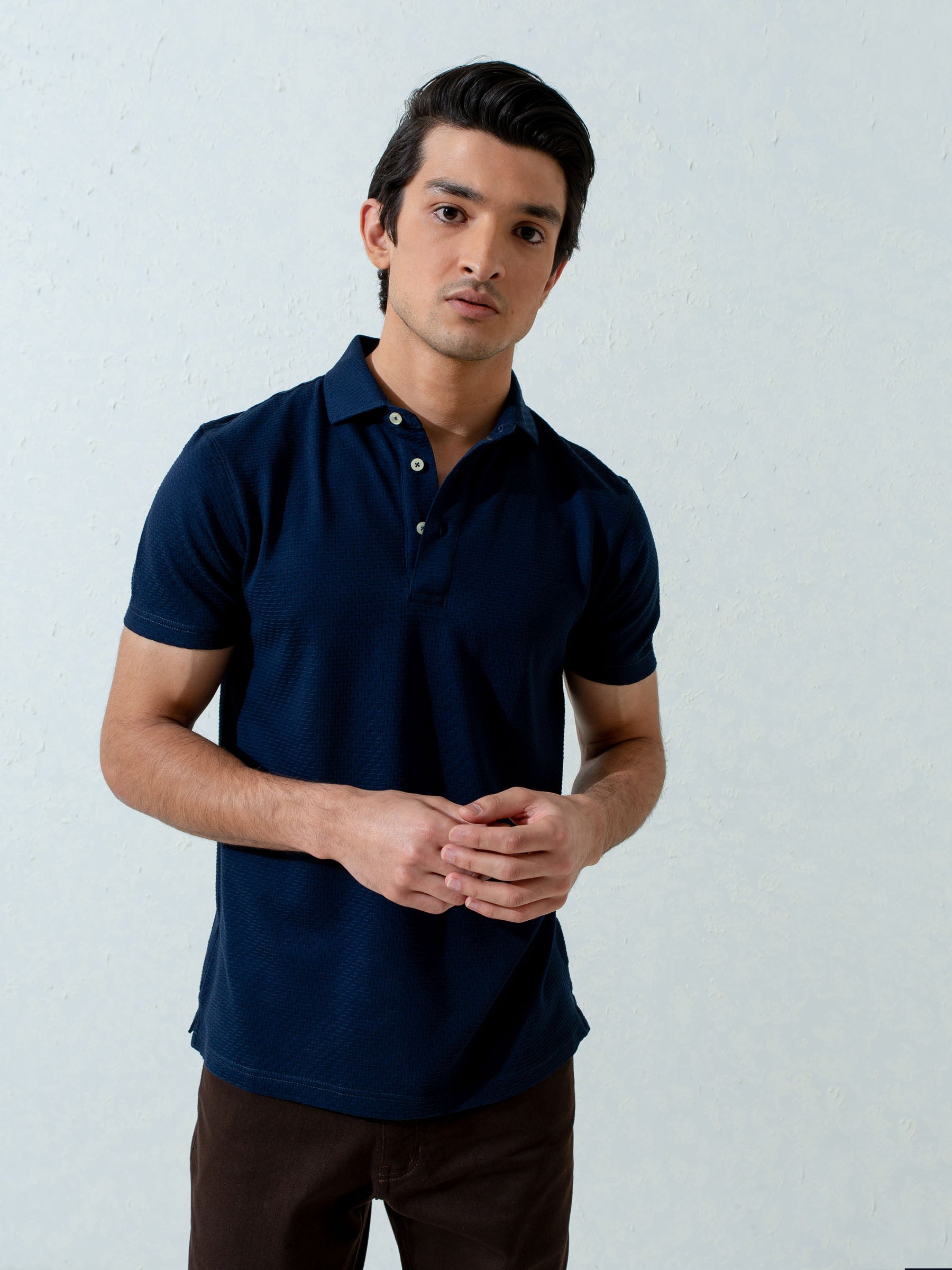 Navy Blue Textured Polo With Classic Collar