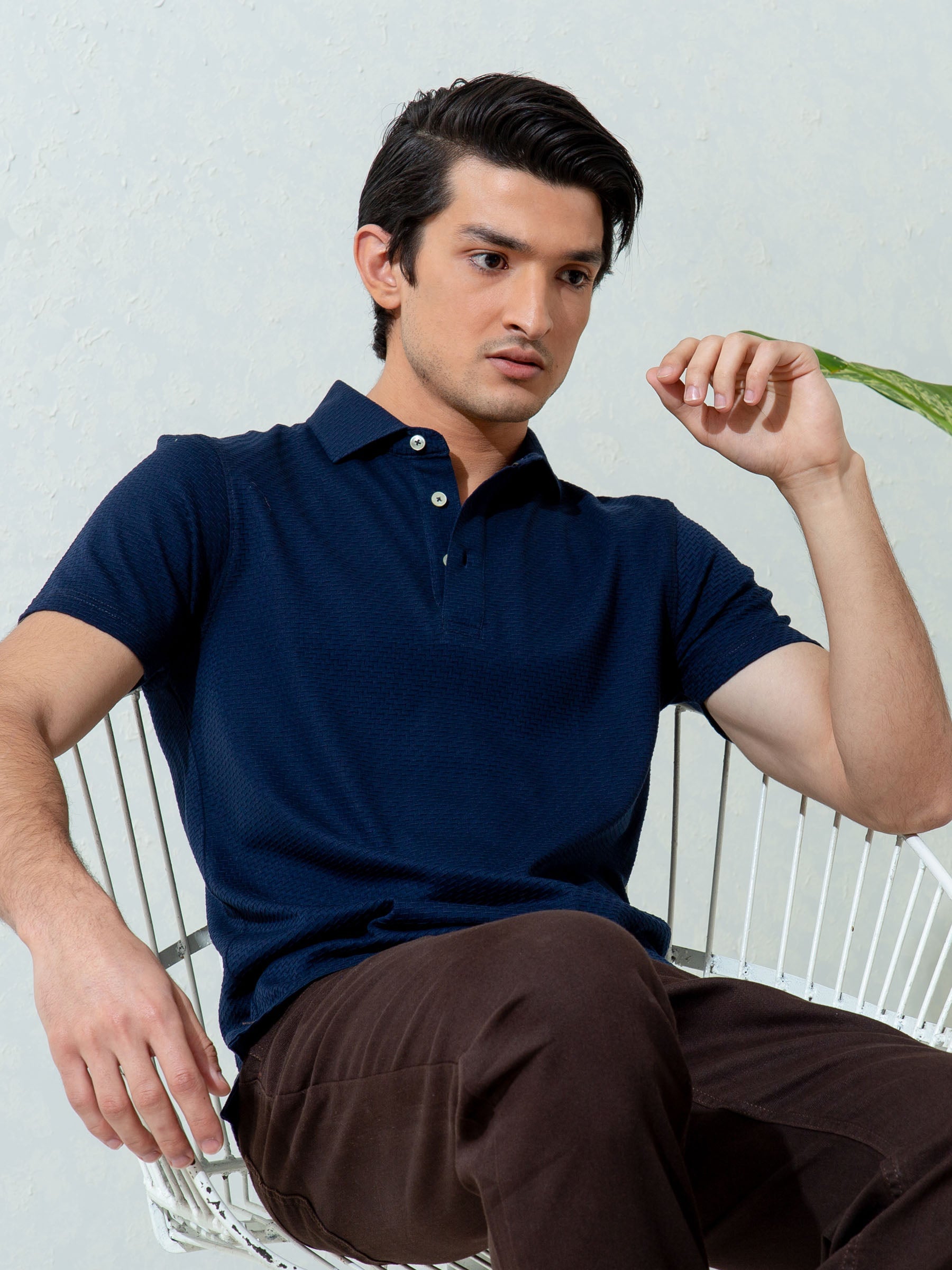 Navy Blue Textured Polo With Classic Collar