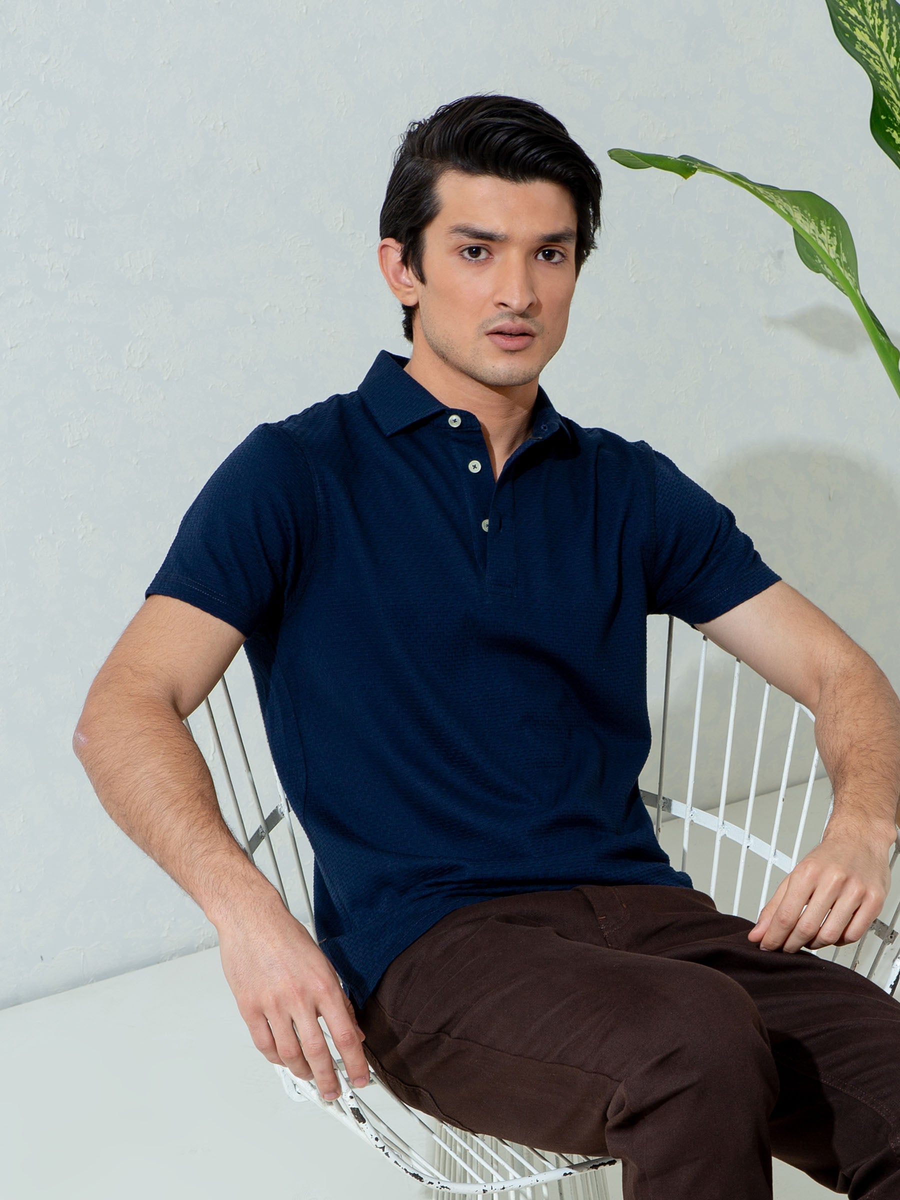 Navy Blue Textured Polo With Classic Collar