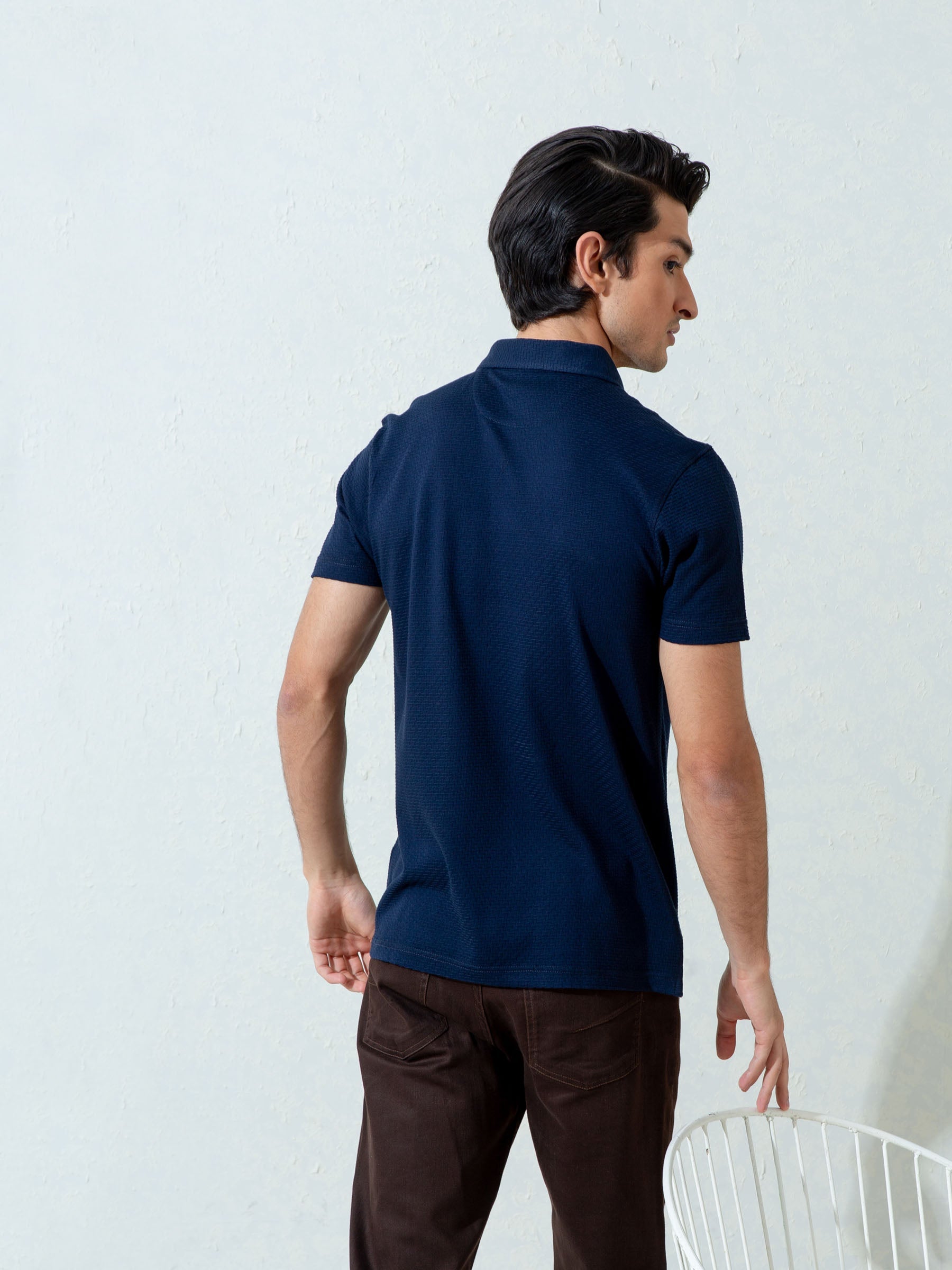 Navy Blue Textured Polo With Classic Collar