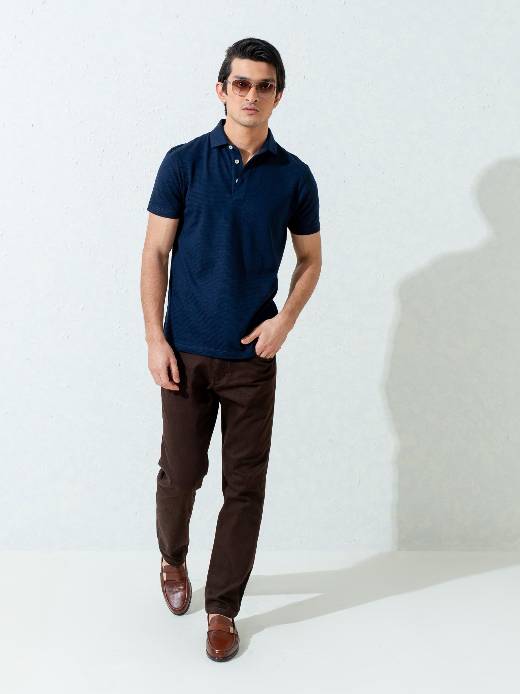 Navy Blue Textured Polo With Classic Collar