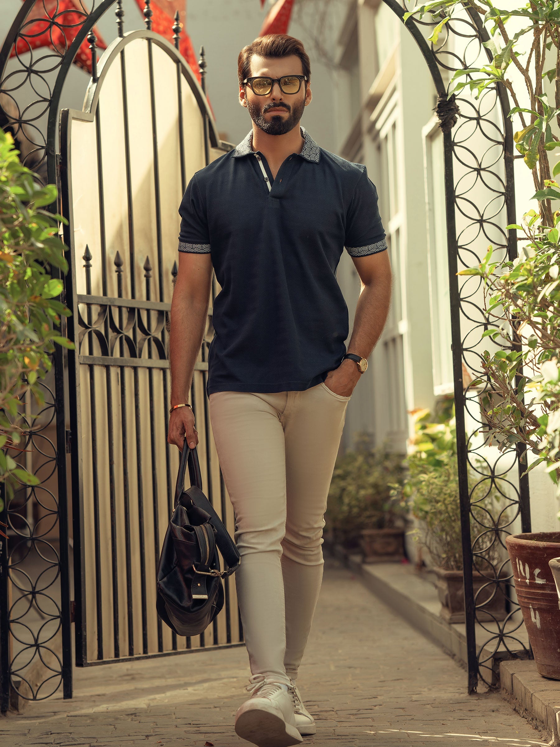 Navy Blue Textured Polo With Jacquard Collar