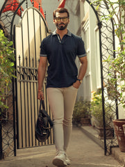 Navy Blue Textured Polo With Jacquard Collar