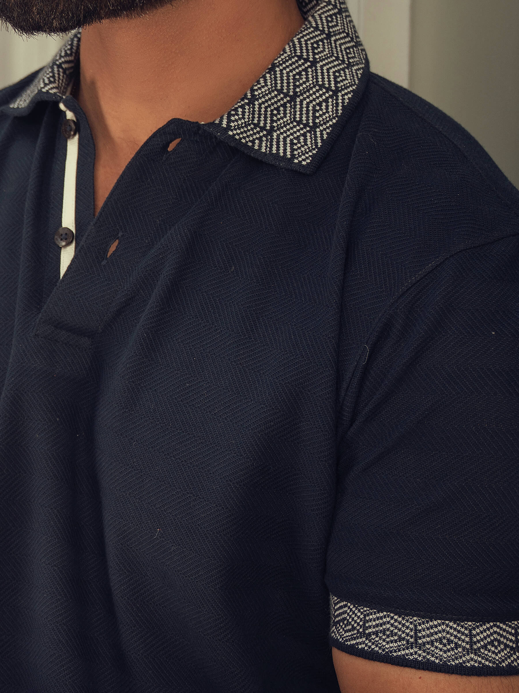 Navy Blue Textured Polo With Jacquard Collar