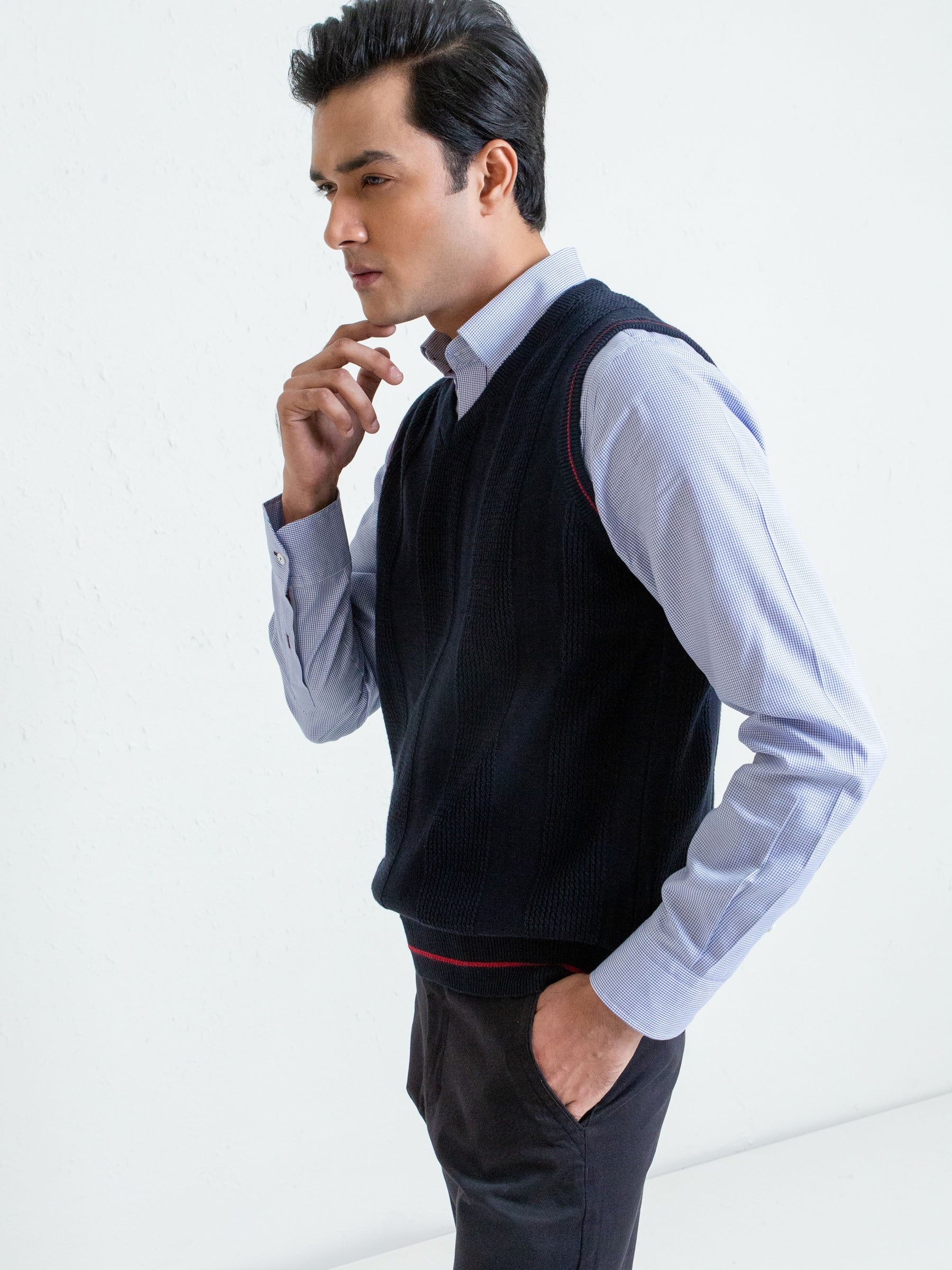 Navy Blue Textured Sleeveless Sweater