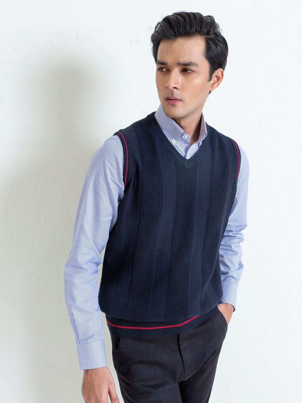 Navy Blue Textured Sleeveless Sweater