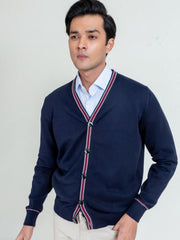 Navy Blue V-Neck Cardigan With Detailing