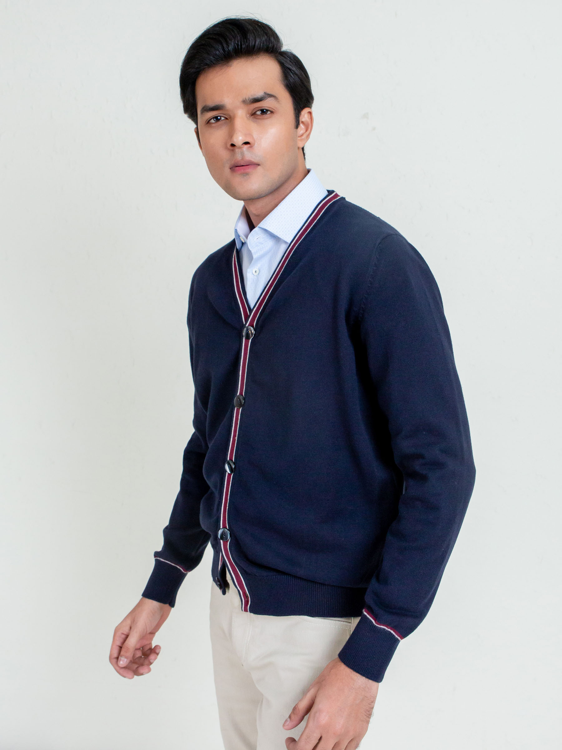 Navy Blue V-Neck Cardigan With Detailing