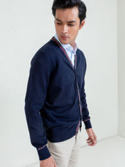 Navy Blue V-Neck Cardigan With Detailing