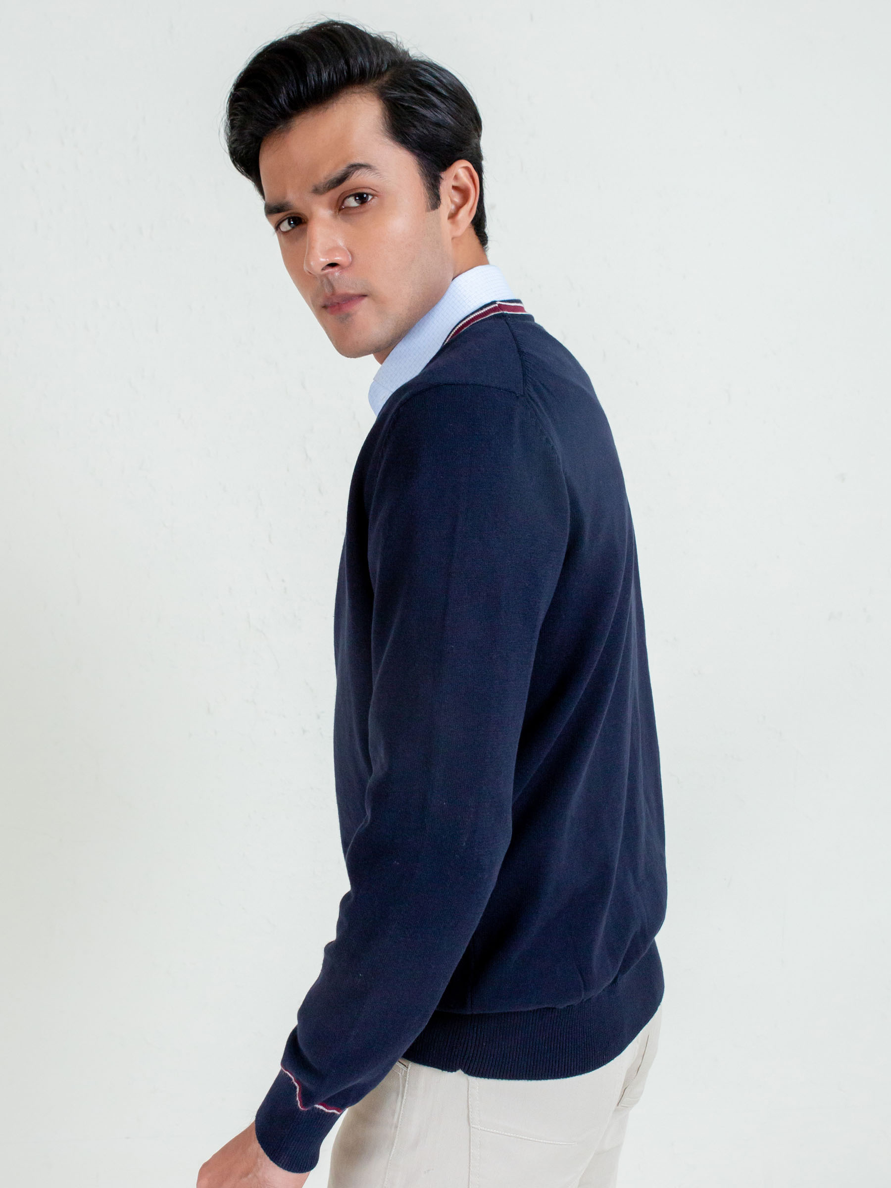Navy Blue V-Neck Cardigan With Detailing