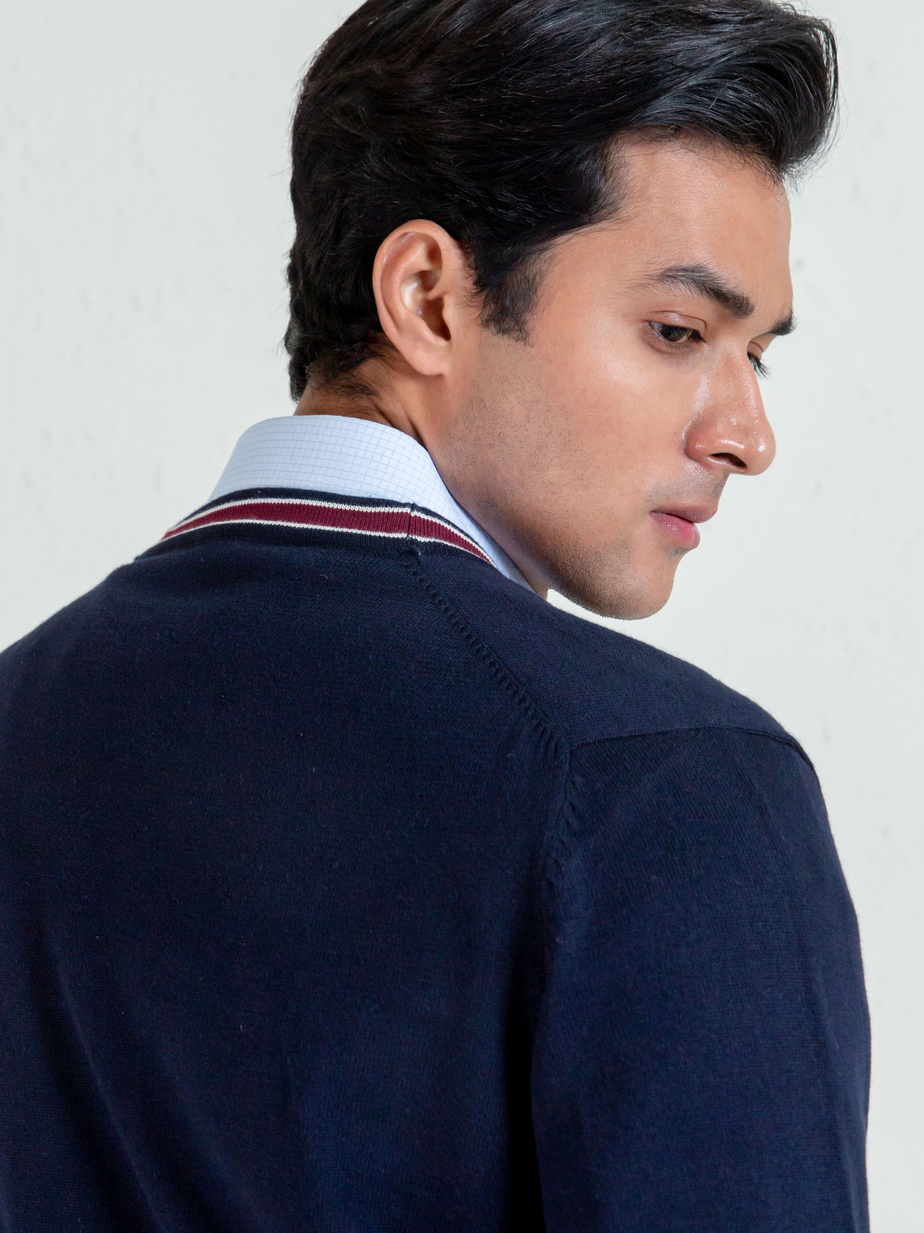 Navy Blue V-Neck Cardigan With Detailing