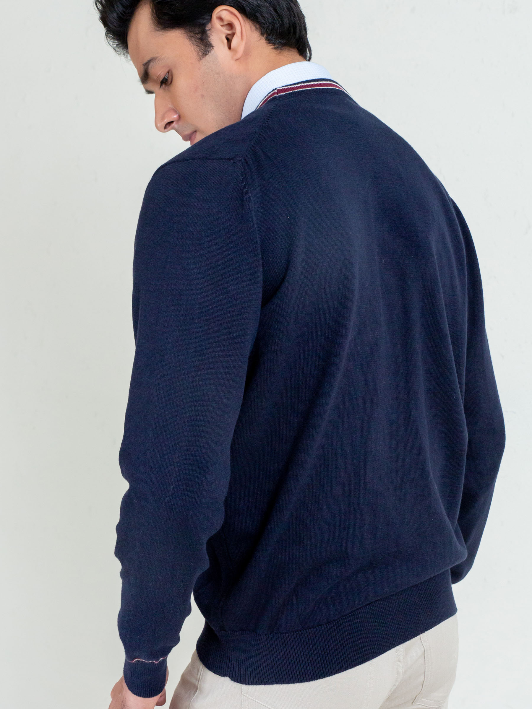 Navy Blue V-Neck Cardigan With Detailing