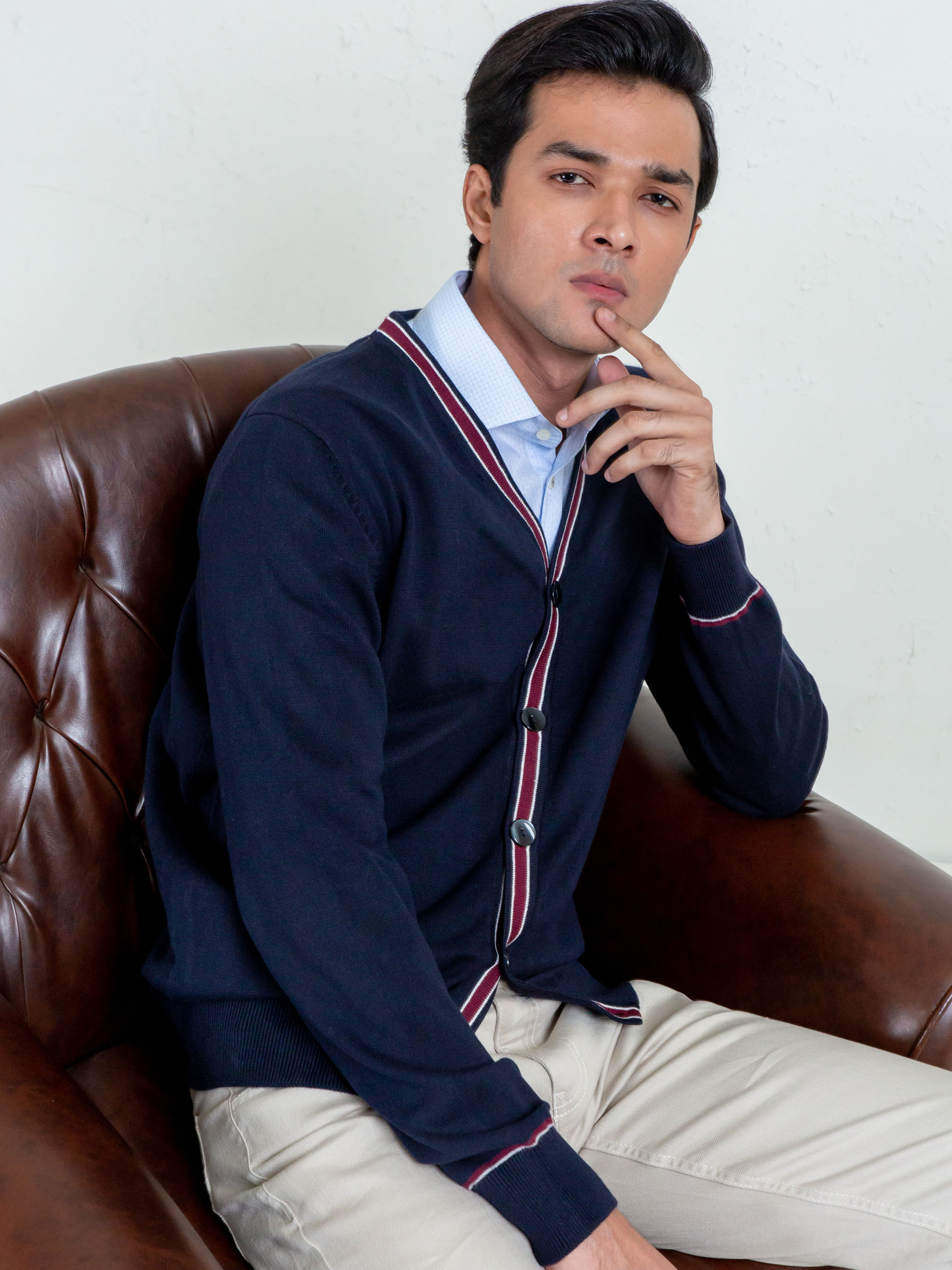 Navy Blue V-Neck Cardigan With Detailing
