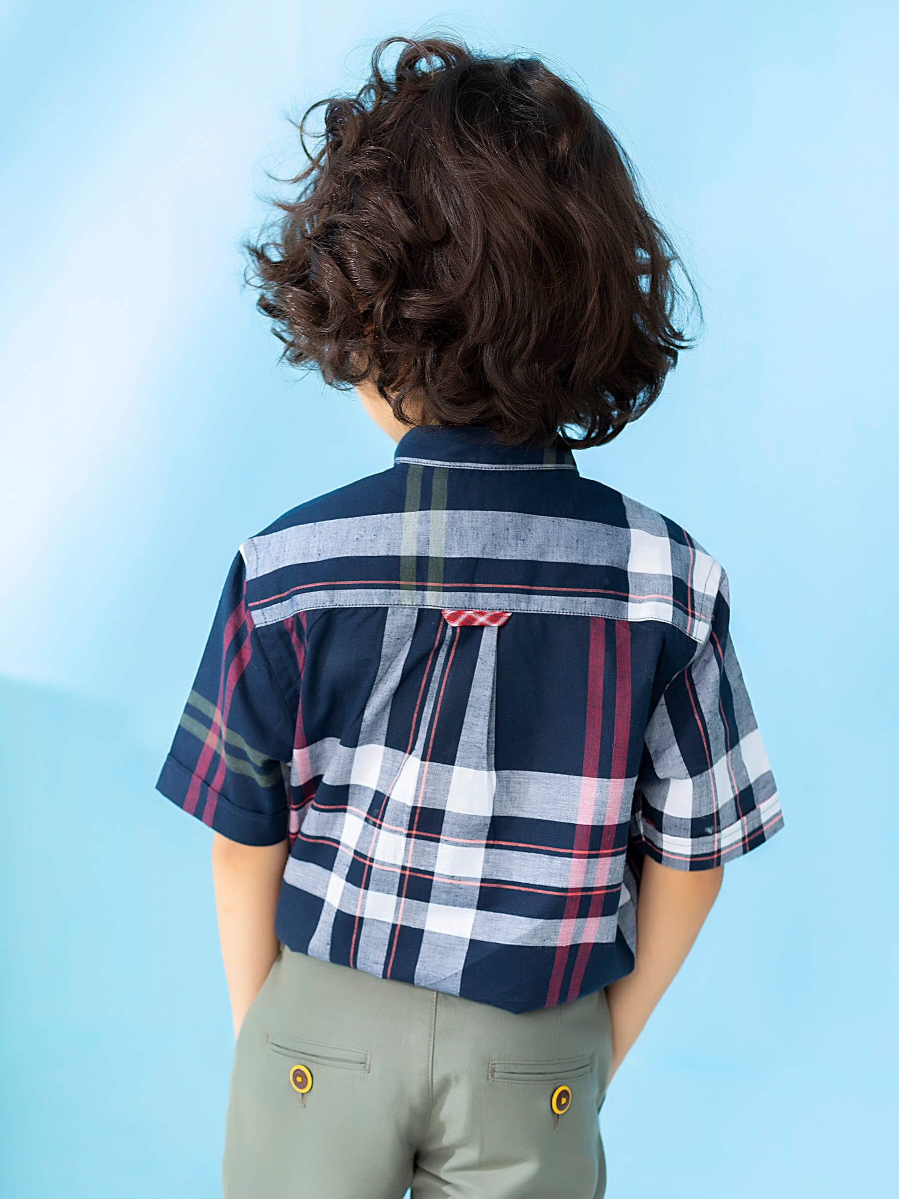 Navy Checkered Mao Collar Casual Short Sleeve Shirt