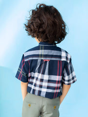 Navy Checkered Mao Collar Casual Short Sleeve Shirt