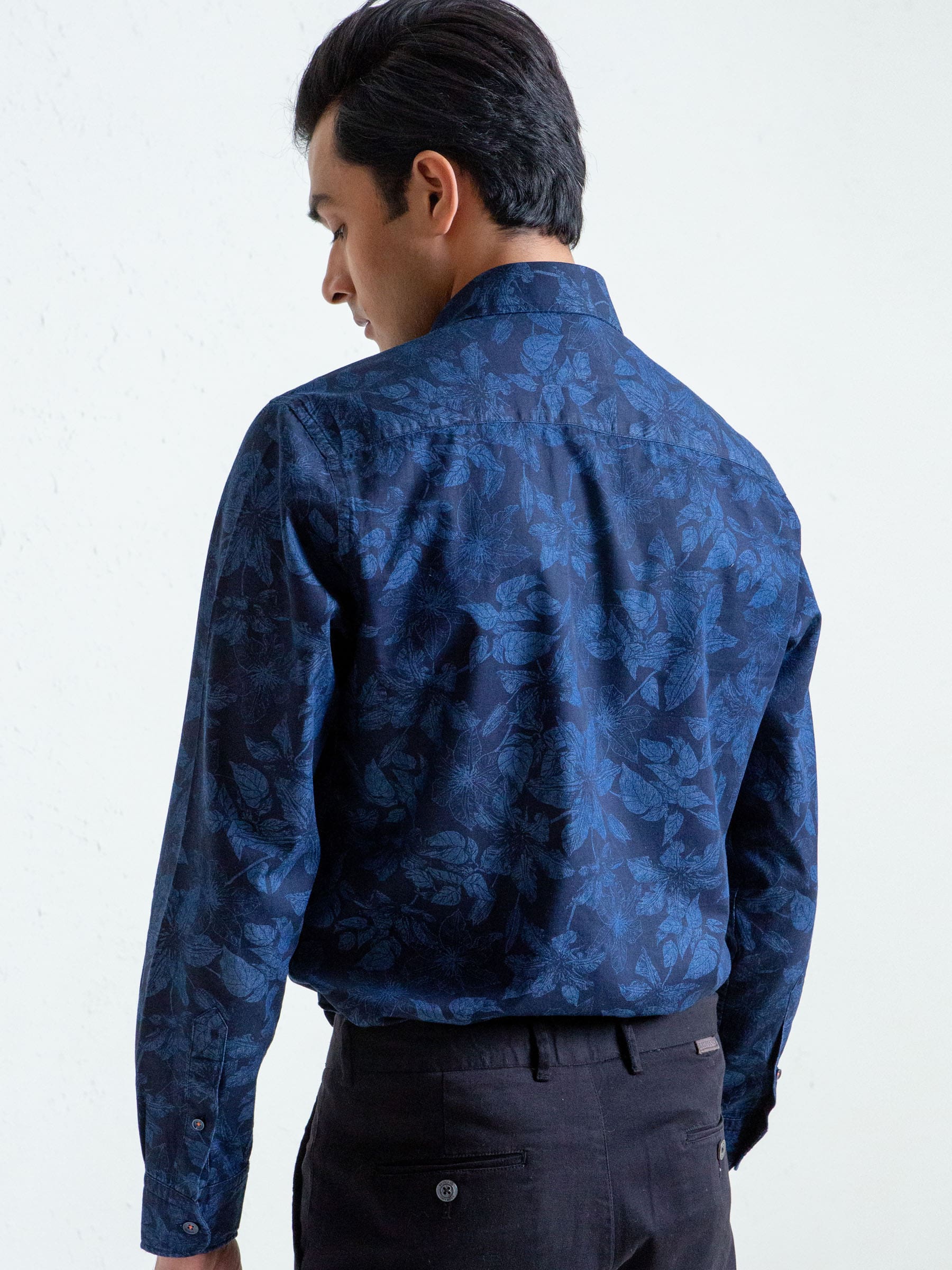 Navy Indigo Dyed Floral Printed Shirt