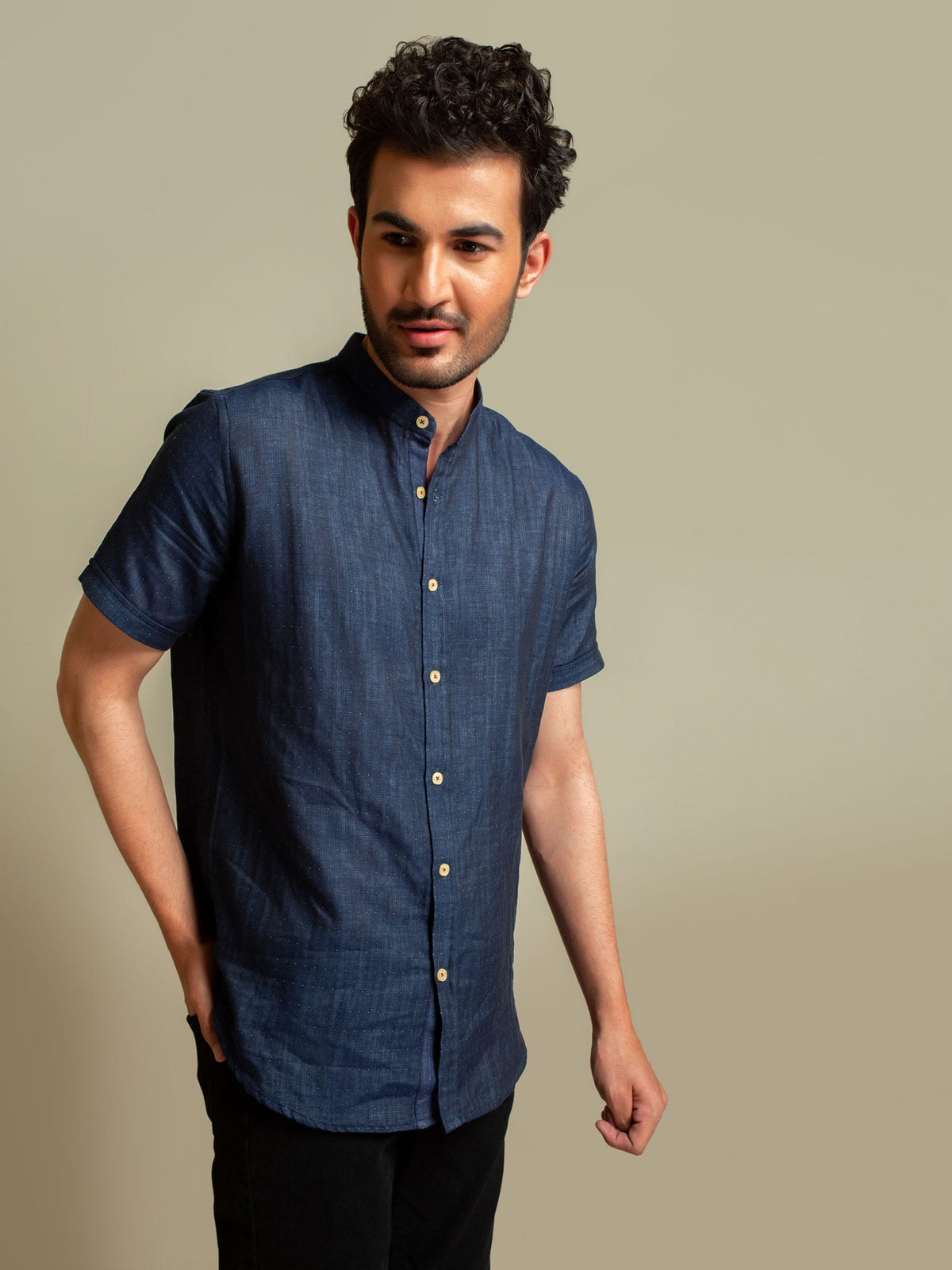 Navy Mao Collar Half Sleeve Shirt