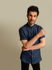 Navy Mao Collar Half Sleeve Shirt