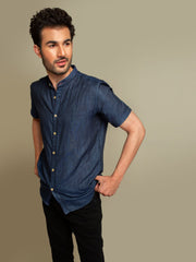 Navy Mao Collar Half Sleeve Shirt