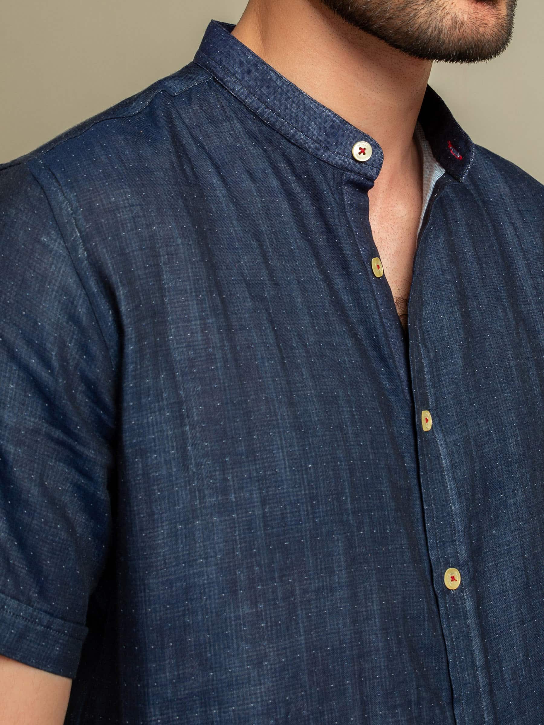 Navy Mao Collar Half Sleeve Shirt