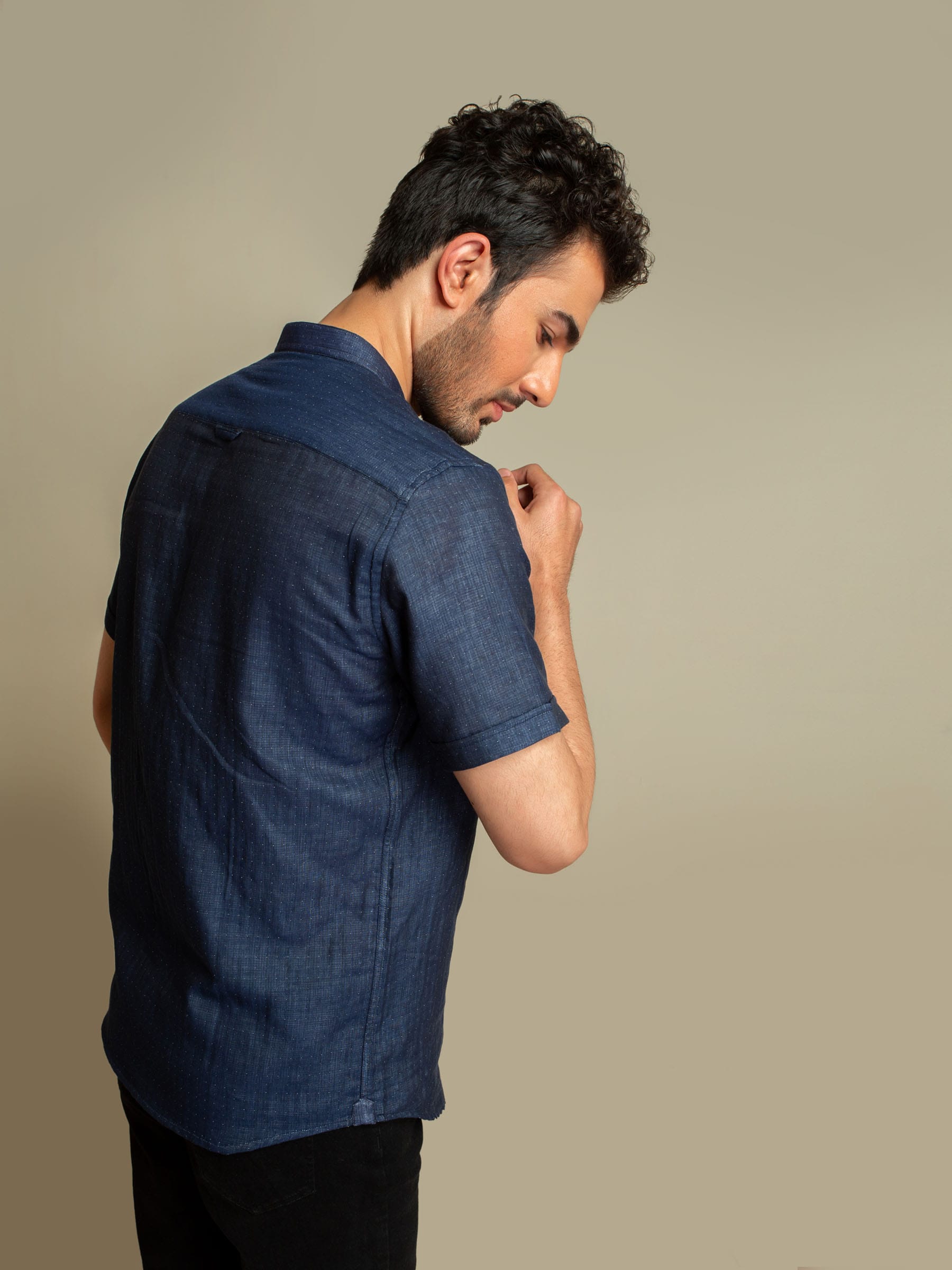 Navy Mao Collar Half Sleeve Shirt