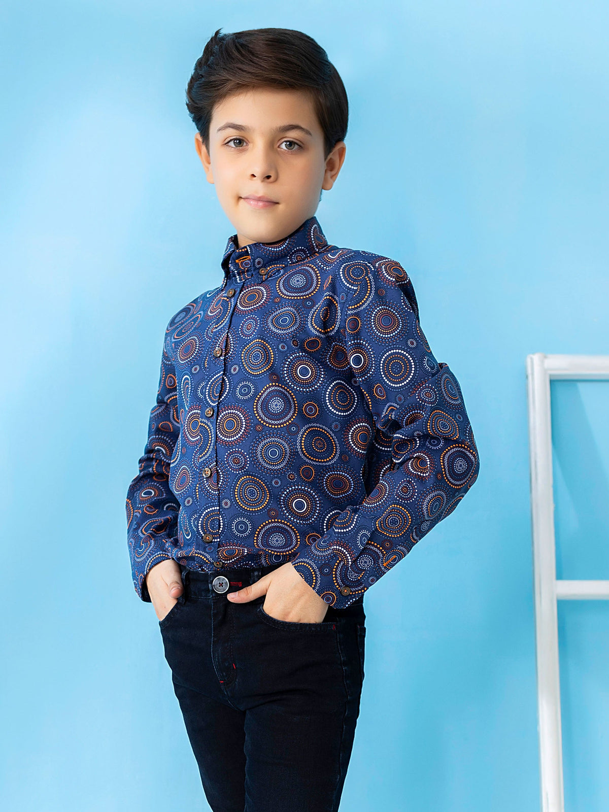 Navy & Orange Circle Printed Casual Shirt