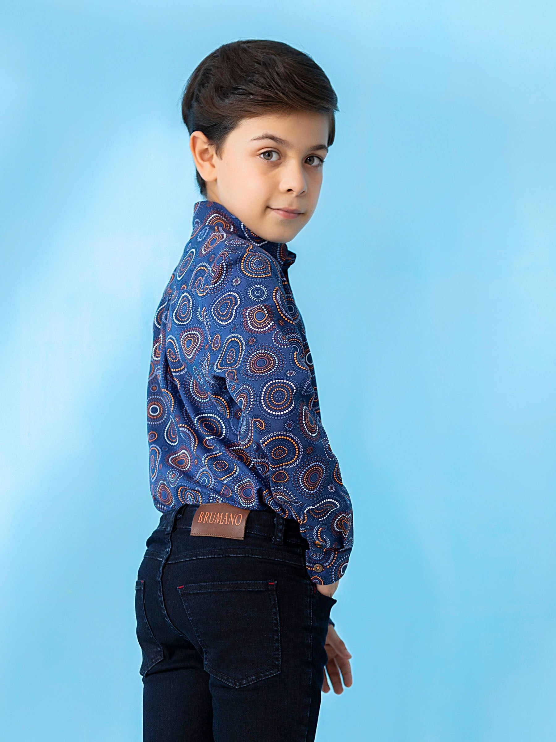 Navy & Orange Circle Printed Casual Shirt