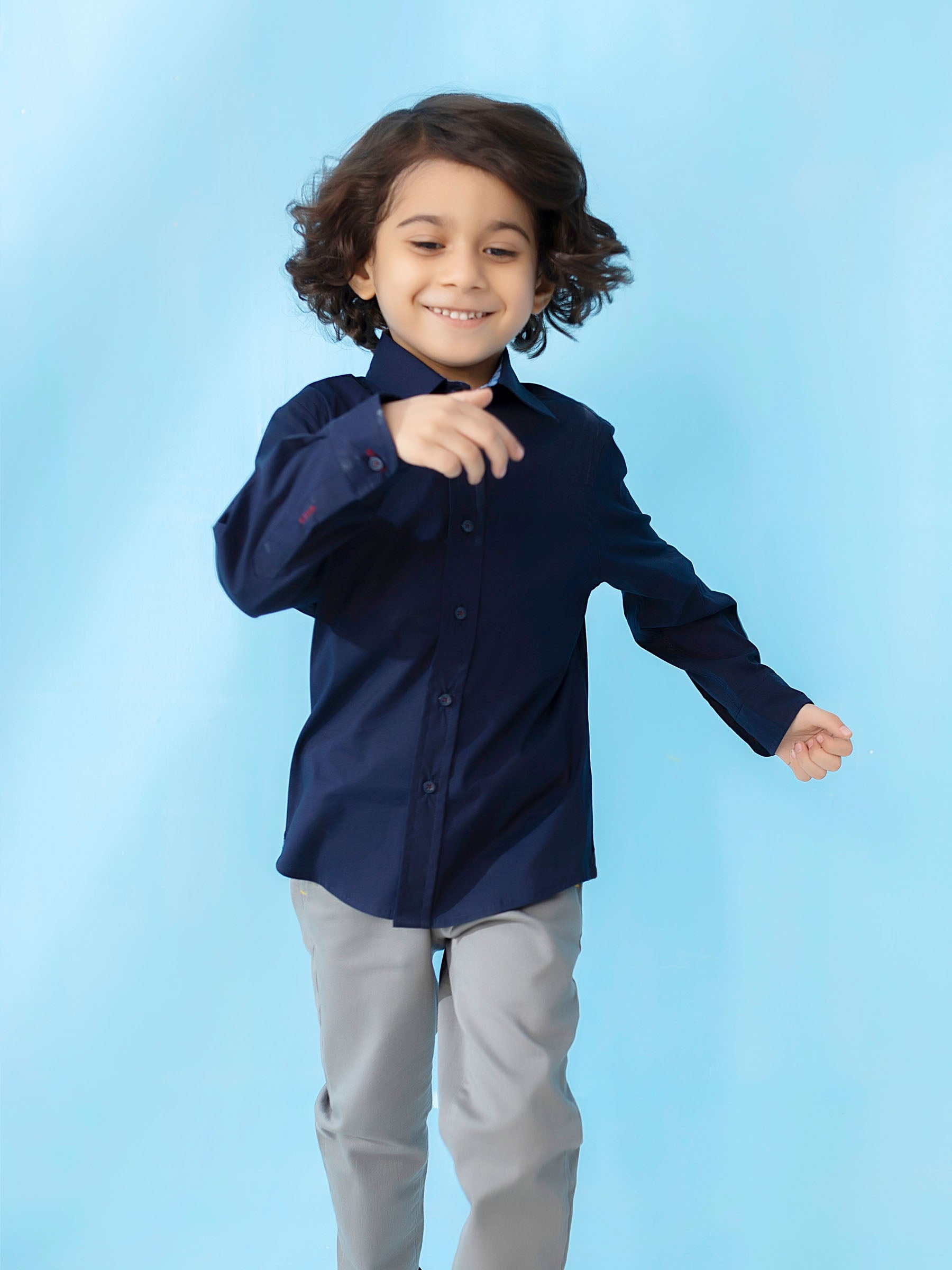 Navy Satin Long Sleeve Formal Shirt - Junior