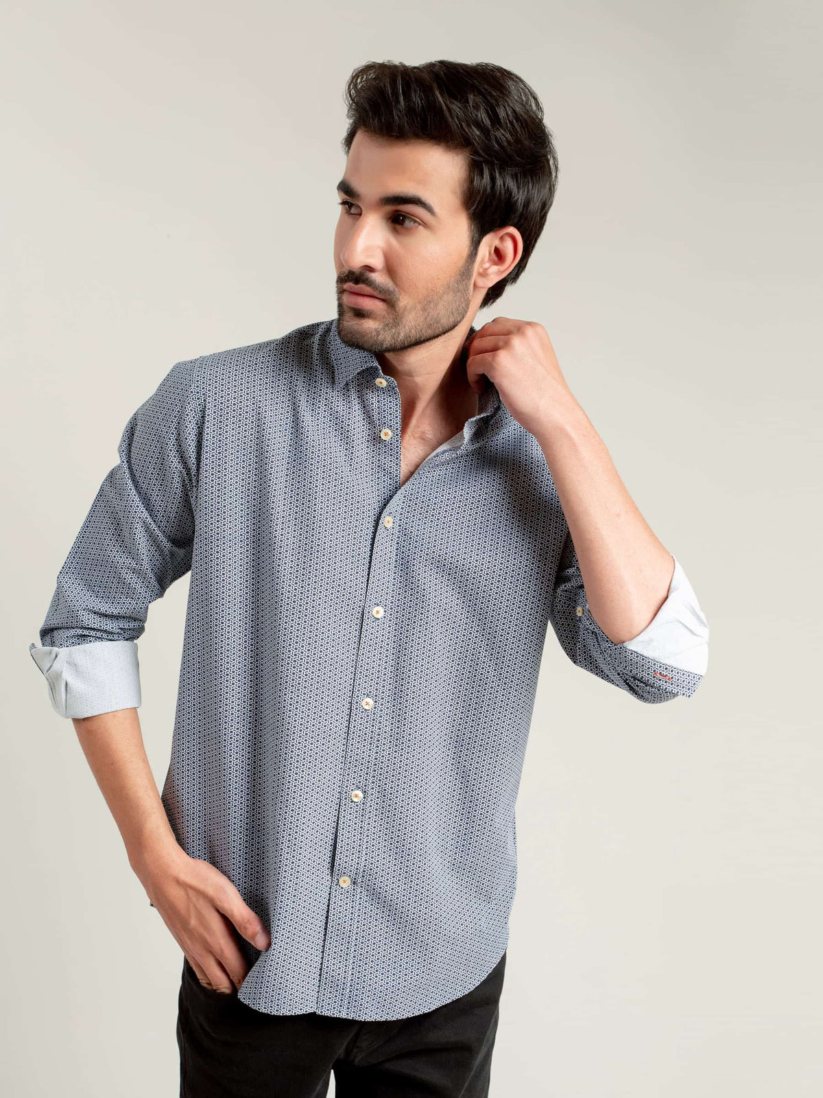Navy & White Geometric Printed Shirt