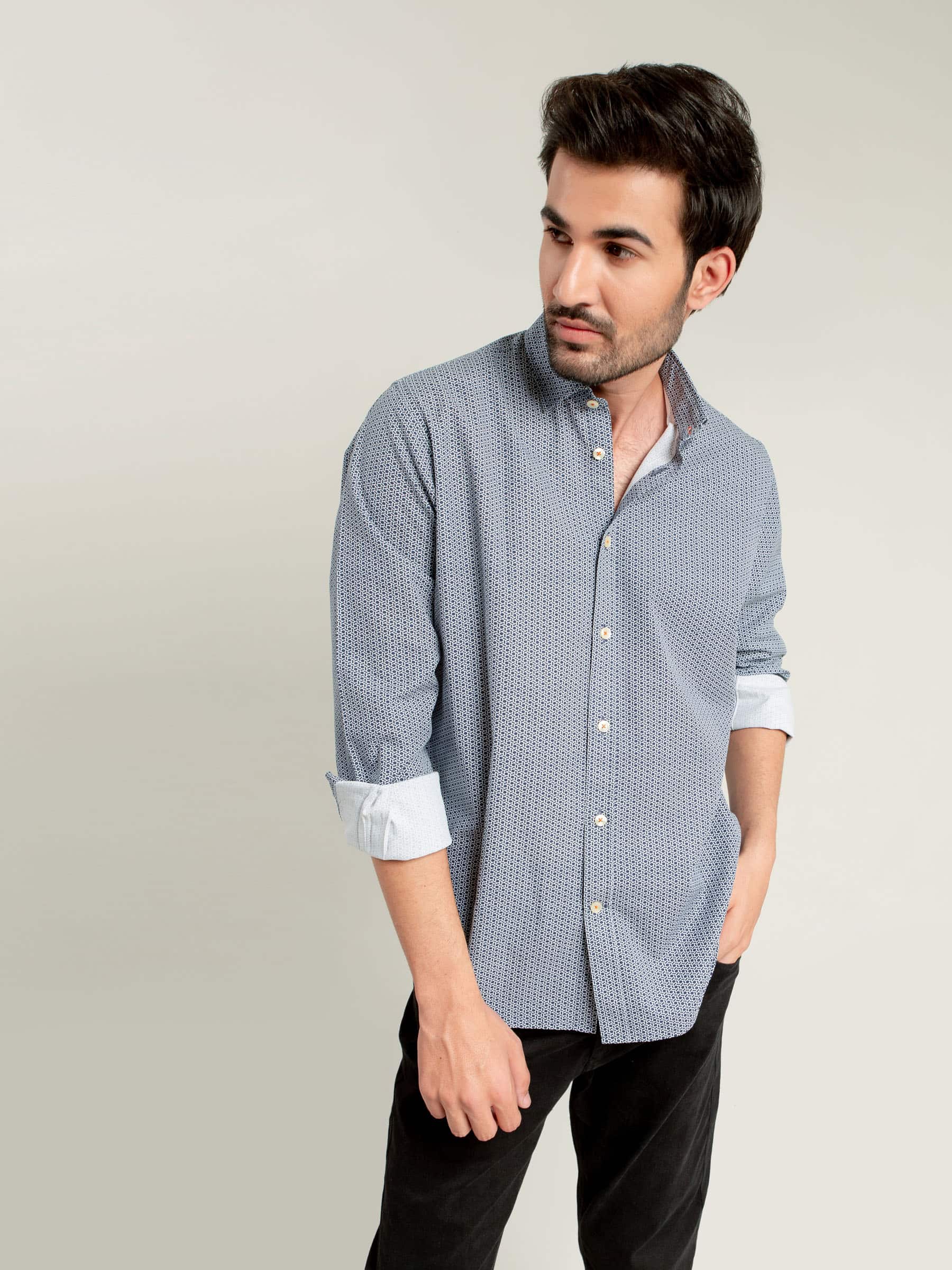 Navy & White Geometric Printed Shirt