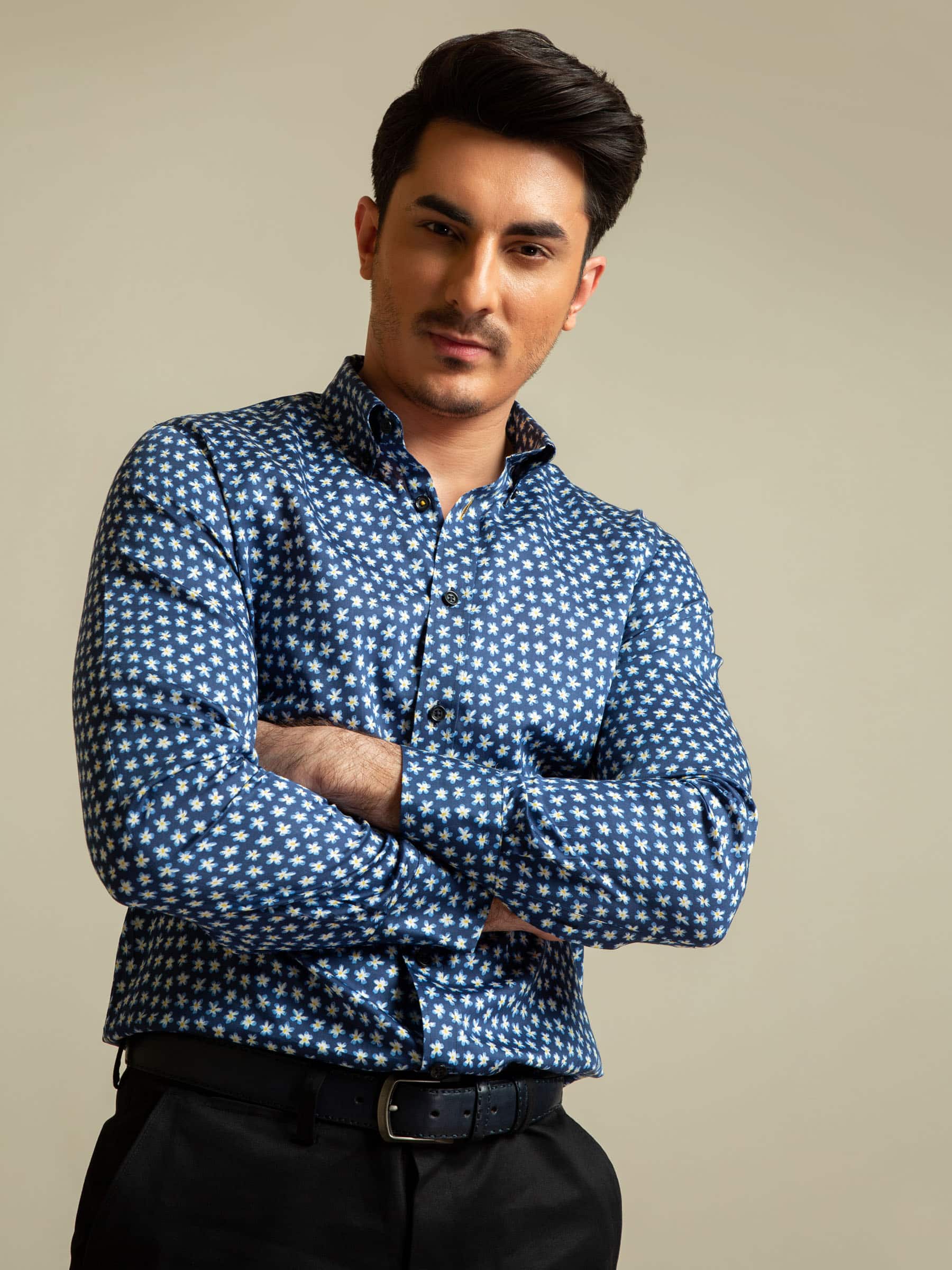 Navy & Yellow Floral Printed Shirt