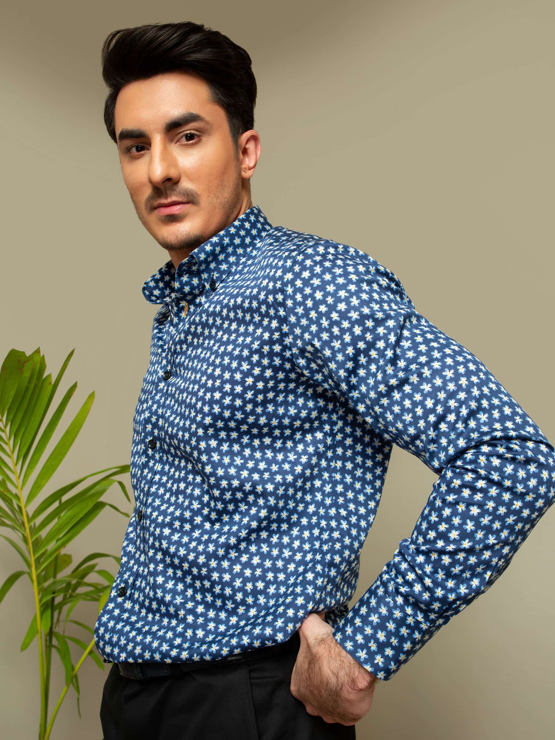 Navy & Yellow Floral Printed Shirt