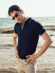 Navy Blue Flat Knit Polo With Contrating Placket