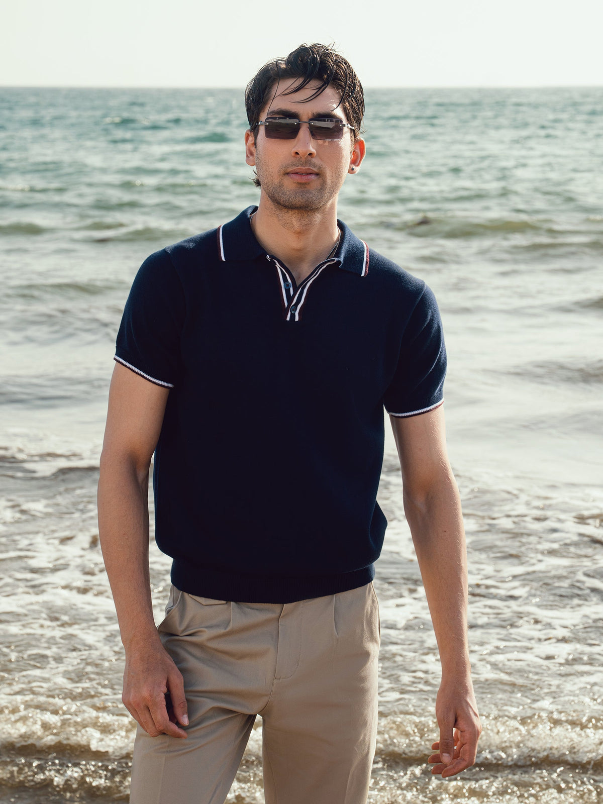 Navy Blue Flat Knit Polo With Contrating Placket