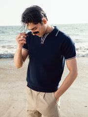 Navy Blue Flat Knit Polo With Contrating Placket